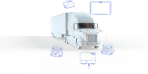 3D graphic of a semi-truck with augmented reality overlays highlighting different parts and mechanisms.