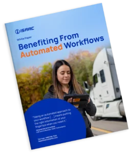 A woman reading an ISAAC white paper on "Benefiting From Automated Workflows" with a semi truck in the background.