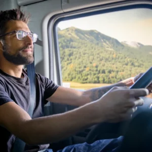 Male truck driver with glasses driving a truck with a scenic mountain view in the background.