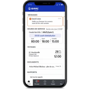 Smartphone affichant l’écran d’accueil de l’application ISAAC Connect en français, montrant les messages, les heures de service, les voyages et les documents.