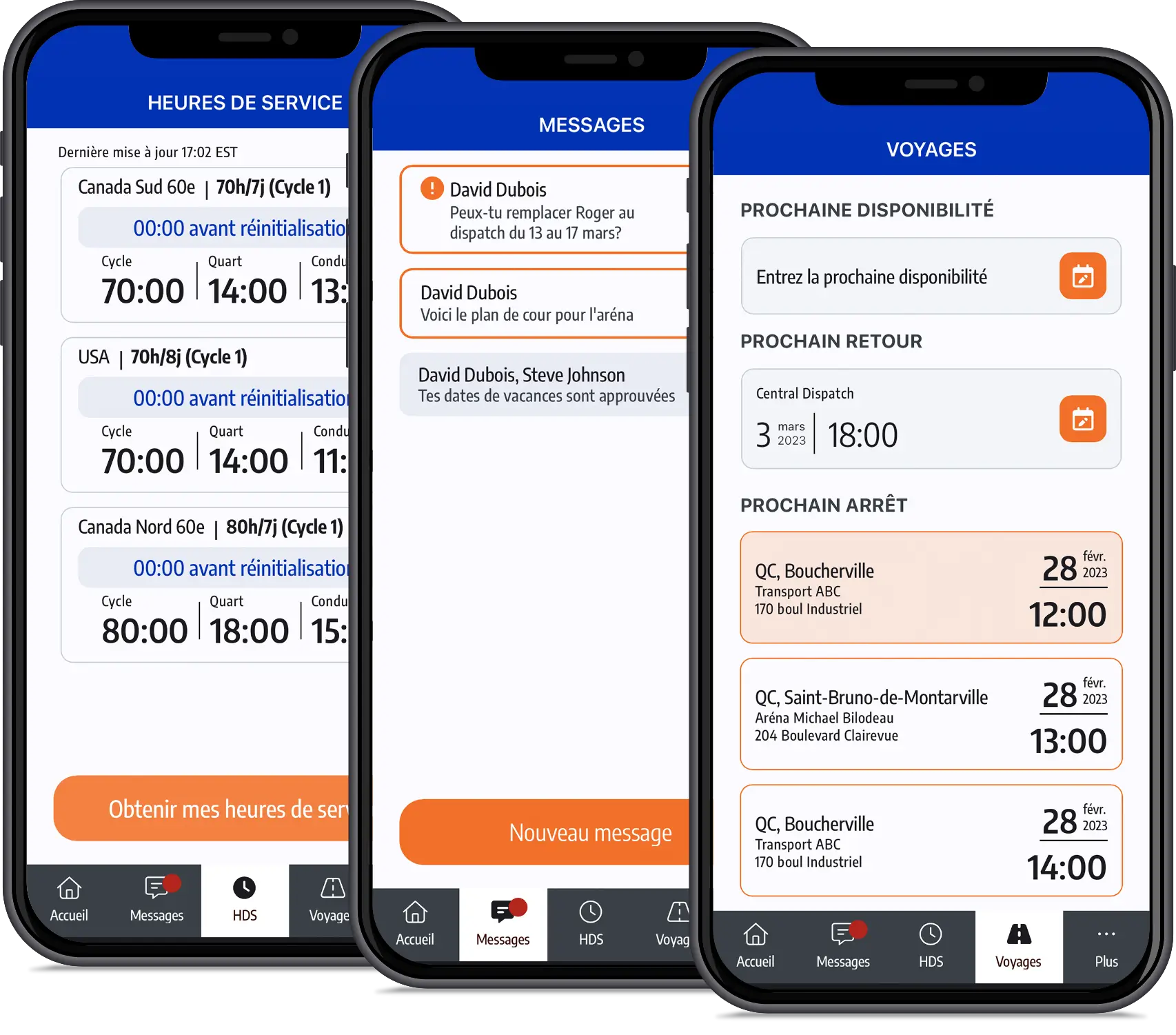 Trois smartphones affichant différentes écrans de l’application mobile ISAAC Connect en français, y compris les heures de service, les messages et les détails du voyage.