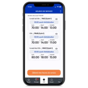 Écran des heures de service de l’application mobile ISAAC Connect en français montrant les cycles, les quarts et les heures de conduite.