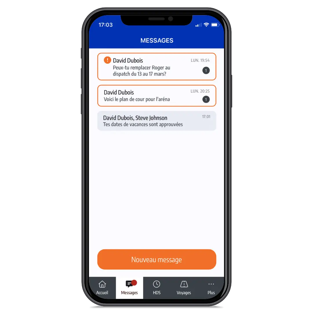 Écran de messages de l’application mobile ISAAC Connect en français montrant les messages et notifications des conducteurs.
