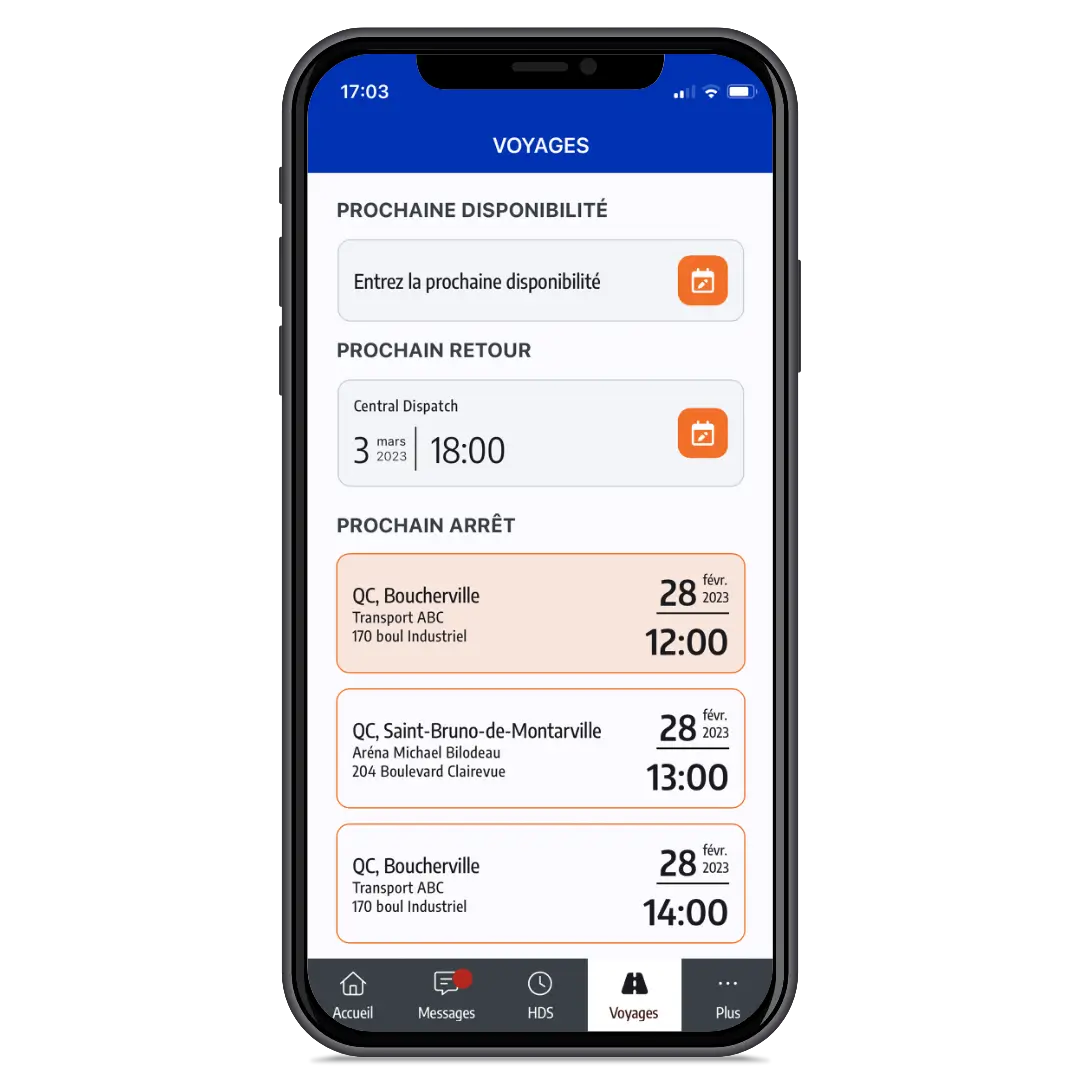 Écran des voyages de l’application mobile ISAAC Connect en français montrant les arrêts à venir et les détails des voyages.