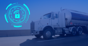 White tanker truck on highway with digital cybersecurity lock icon overlay.