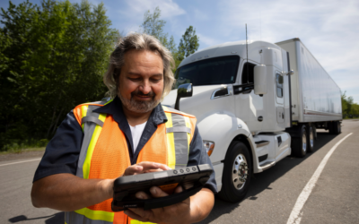 Truck driver wearing a safety vest using a tablet roadside with a white semi-truck in the background.