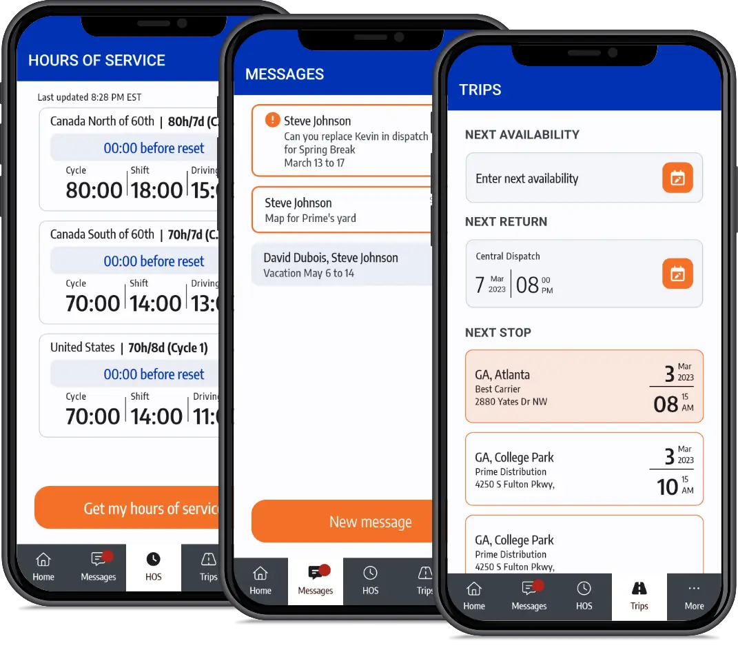 Screenshots of ISAAC’s driver mobile app displaying hours of service, messages, and trip details on three smartphones.