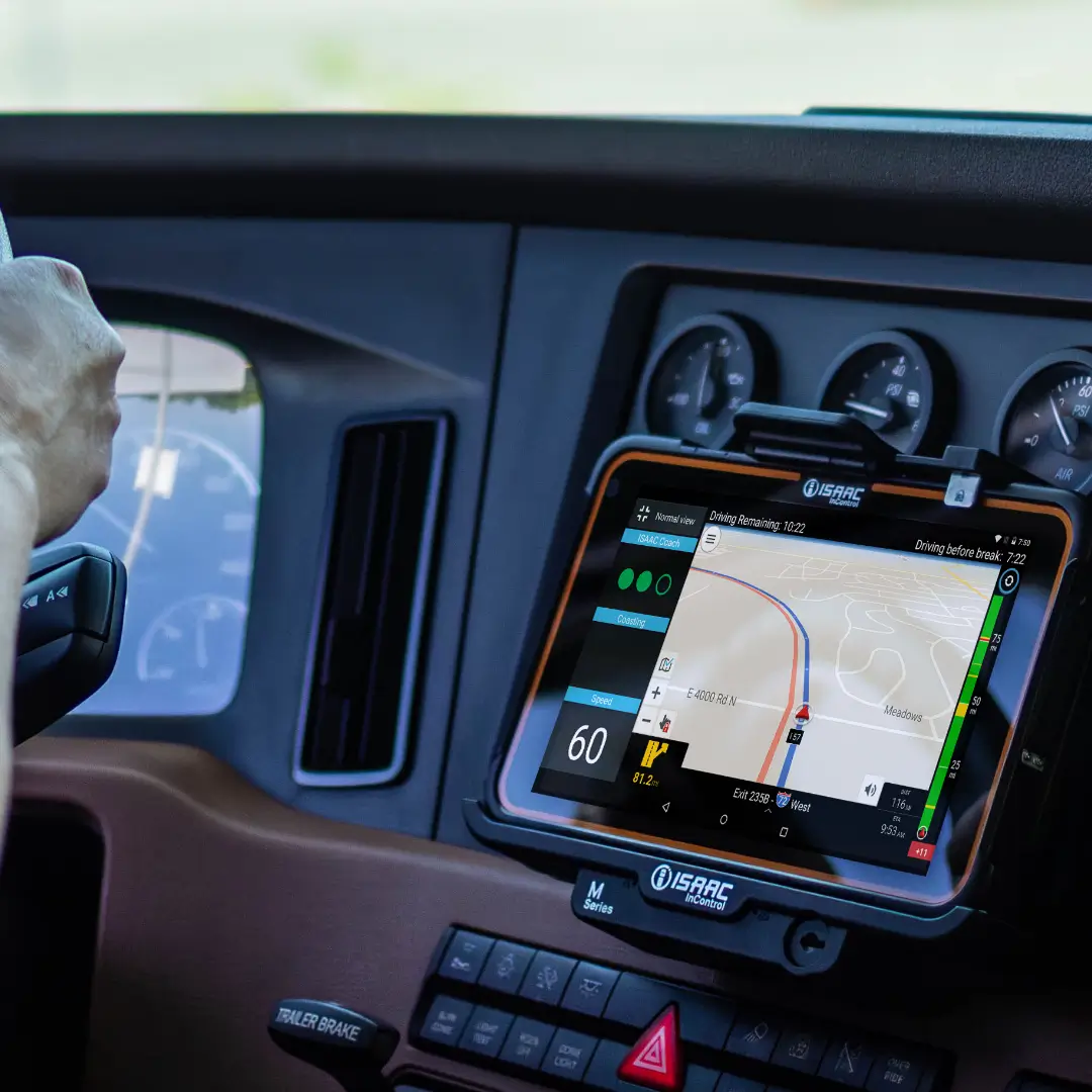 ISAAC’s in-cab navigation system showing a map and driving information on a tablet mounted in a truck cab.