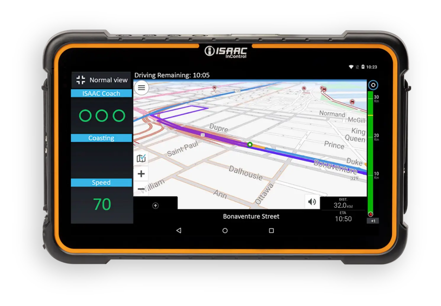 ISAAC’s real-time driver coaching dashboard displaying a map and driving metrics on a tablet.