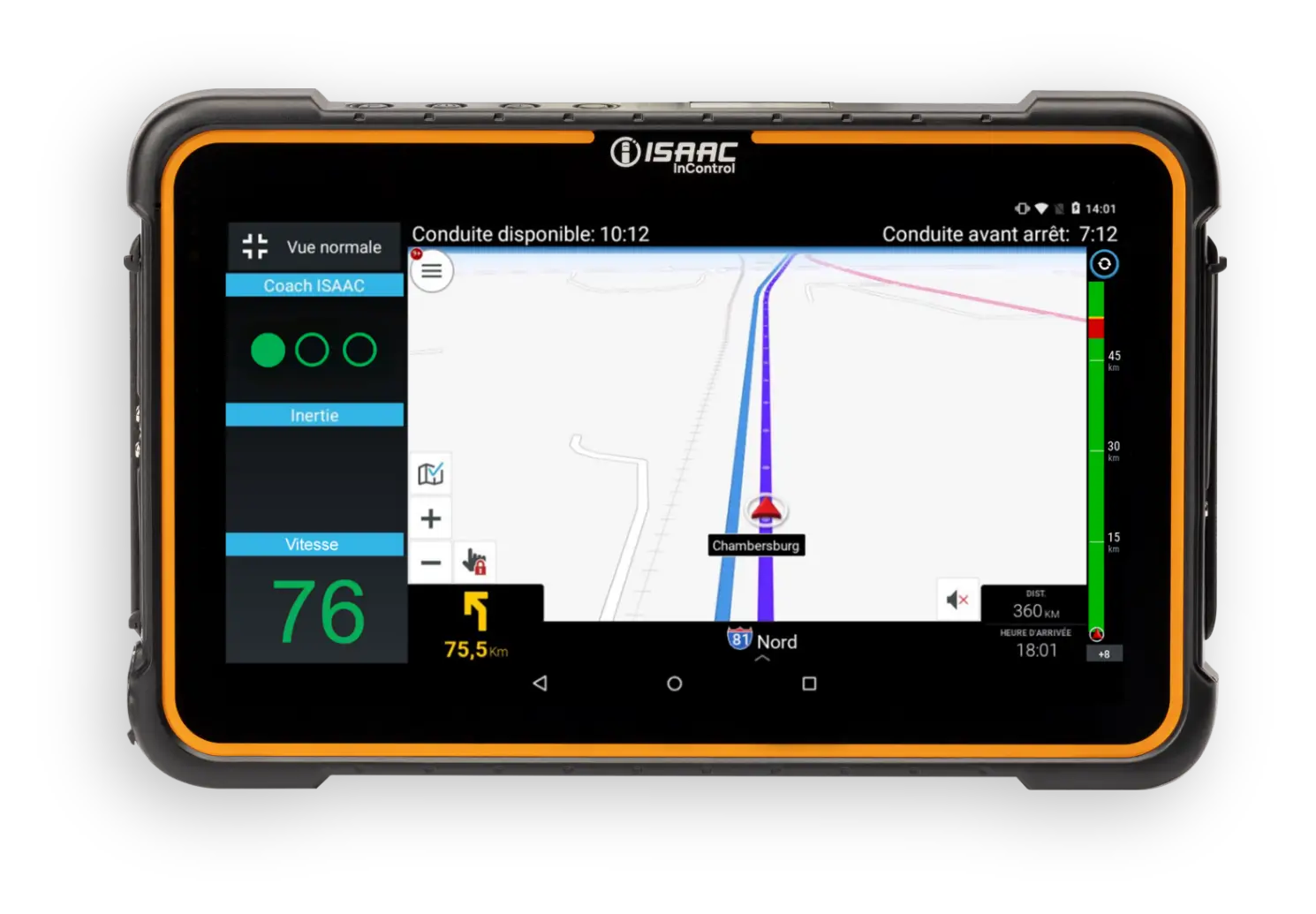Tableau de bord de coaching en temps réel d’ISAAC affichant une carte et des indicateurs de conduite sur une tablette.