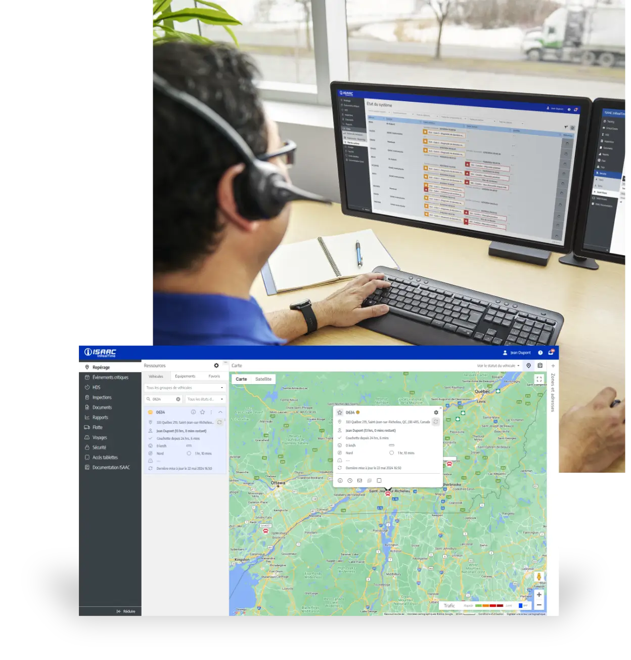 Un utilisateur devant un ordinateur surveillant les véhicules d’une flotte via le logiciel de gestion de flotte ISAAC.