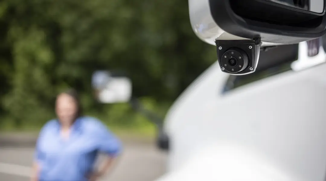 A close-up of a high-tech truck camera mounted under the side mirror, with a blurred person in a blue shirt in the background.