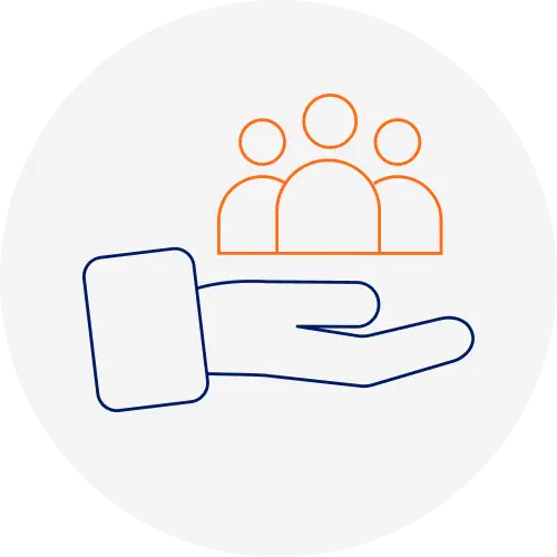 Icône de service centré sur le client pour les solutions de gestion de flotte Icône d’une main tenant des personnes, symbolisant l’approche d’ISAAC axée sur le service à la clientèle